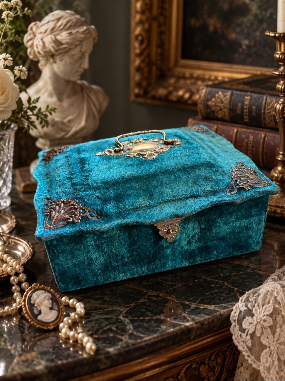 Antique Victorian Turquoise Velvet Jewelry Box Ornate Brass Hardware Tufted Silk